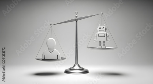 A conceptual illustration of a human figure and a robot balanced on a scale representing artificial intelligence and human interaction.