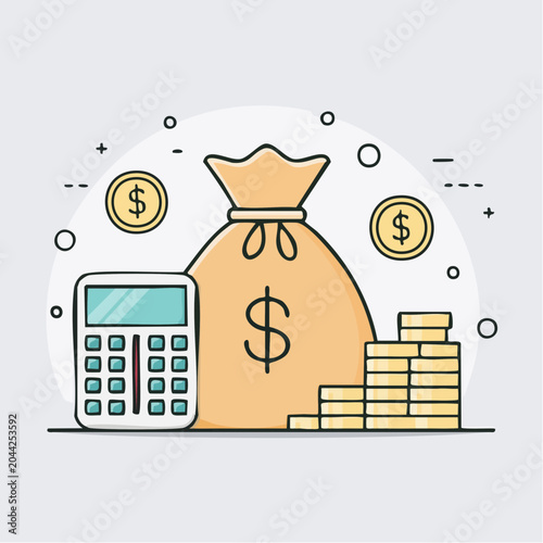 Financial growth and investment concept with calculator, money bag, and coins on a light gray background