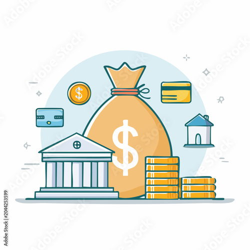 Conceptual illustration depicting financial management, encompassing banking, investments, savings, and diverse assets for future security and wealth building strategies