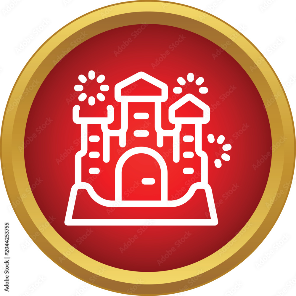 Obraz premium Castle icon with fireworks on a red and gold background