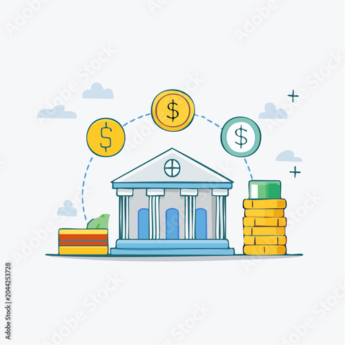 Banking and Finance Illustration Money Flow, Savings, and Investment around a Central Bank Building with Circulating Currency and a Wallet