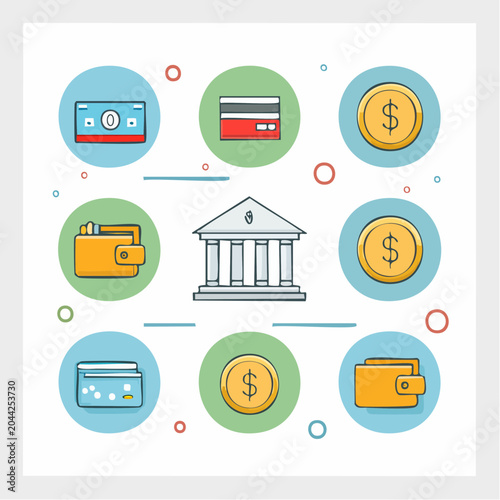 A Comprehensive Set of Modern Line Icons for Digital Banking, Financial Services, and Online Payment Transactions, Featuring Credit Cards, Wallets, Coins, and Bank Building Symbols