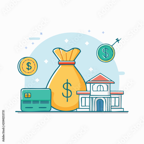 Financial services concept illustration depicting banking, investment, savings, and credit card payments for wealth management and economic growth