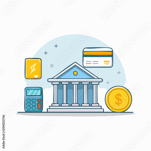 Financial services building with calculator, credit card, and coin representing banking and investment concepts
