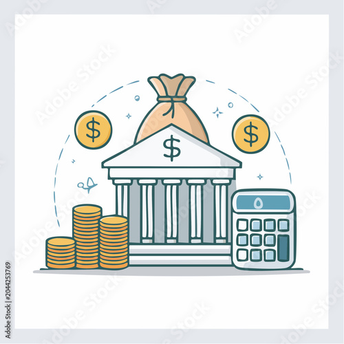 Financial investment and banking icon with calculator, coins, and money bag representing savings and wealth accumulation