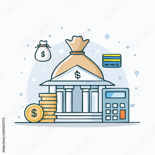 Financial institution with a money bag, coins, credit card, and calculator symbolizing banking and wealth management services