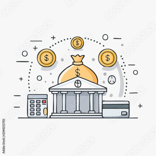 Modern banking and finance concept vector illustration. Secure money management, wealth growth, and investment planning with bank, credit card, calculator