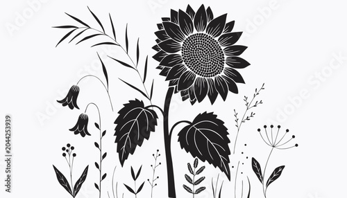 Very beautiful black-and-white engraved vector illustration of a sunflower, featuring detailed seed patterns, wild spring leaves, delicate meadow flowers, and elegant botanical composition, isolated 