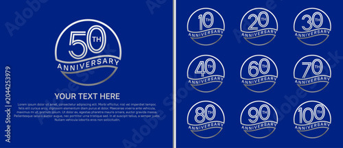 anniversary logo set with circle. silver color on blue background for celebration moment