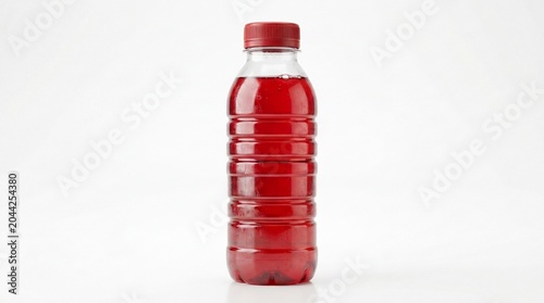 Plastic bottle filled with sweet red fruit juice drink