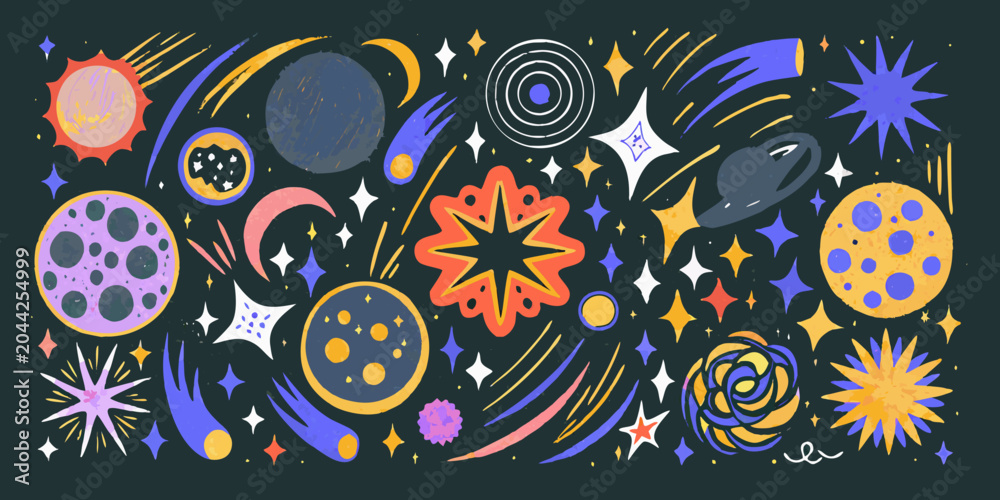 Fototapeta premium Cosmic scene with planets stars and comets colorful vector illustration
