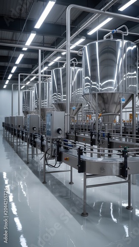 Modern industrial stainless steel fermentation tanks in a high-tech facility