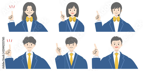 笑顔で人差し指を立て指差しポーズをする制服姿の高校生男女6人の上半身イラストセット