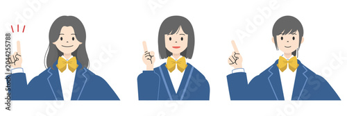 Adobe Illustrator Artwork笑顔で人差し指を立て指差しポーズをする制服姿の女子高校生3人の上半身イラストセット
