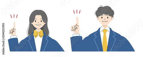 笑顔で人差し指を立て指差しポーズをする制服姿の高校生男女2人の上半身イラストセット1