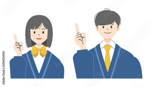 笑顔で人差し指を立て指差しポーズをする制服姿の高校生男女2人の上半身イラストセット2