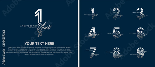 anniversary logo set with handwriting. silver color on blue background for celebration moment