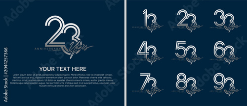 anniversary logo set with handwriting. silver color on blue background for celebration moment