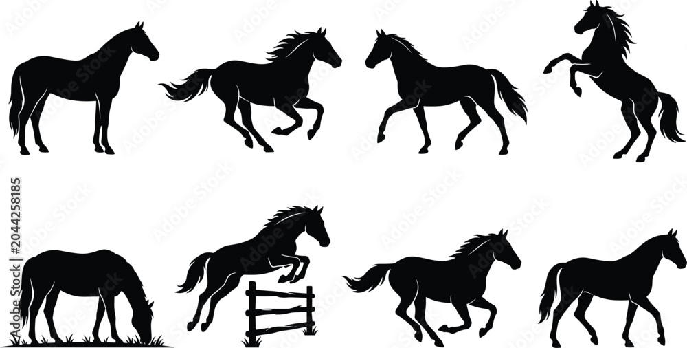 Fototapeta premium Horse Silhouette Collection Featuring Running Grazing Jumping Rearing and Walking Equine Poses Set