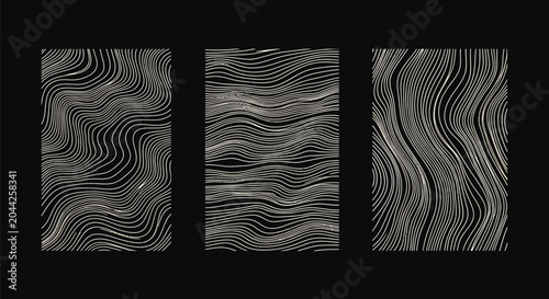 Obraz na płótnie Set of three abstract backgrounds with thin golden wavy lines on black backdrop, modern decorative illustrations, minimalist luxury design element