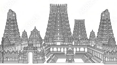 Meenakshi Amman Temple silhouette, towering Dravidian gopuram architecture in Madurai India, historic Hindu temple landmark showcasing intricate carvings and cultural heritage