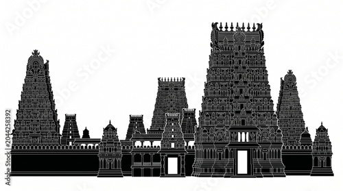 Meenakshi Amman Temple silhouette, towering Dravidian gopuram architecture in Madurai India, historic Hindu temple landmark showcasing intricate carvings and cultural heritage