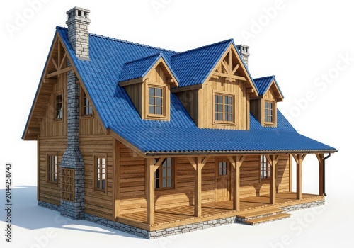 A Large Wooden House With A Blue Roof And A Porch