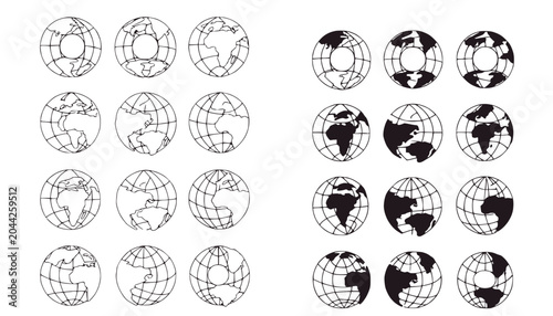 Earth Globe Illustrations: Continents, Grids, and Outlines