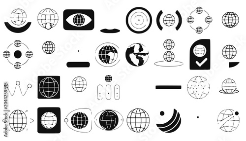 Global Icons Set: Earth, Planet, Network, Technology, Communication, Abstract Design