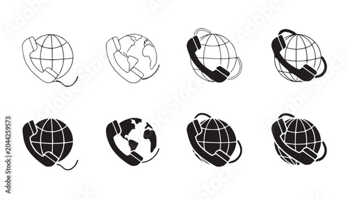 Global Communication Icons: Phone and Earth Connection Set