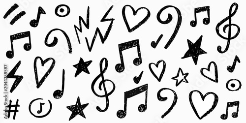 Quadro em tela Hand drawn Musical Symbols And Notes Black and white Vector Illustration