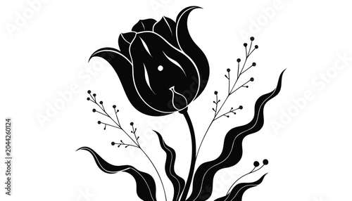 Very beautiful black-and-white engraved vector illustration of a tulip flower, featuring graceful petals, wild spring leaves, delicate floral accents, and refined botanical details, isolated on a clea