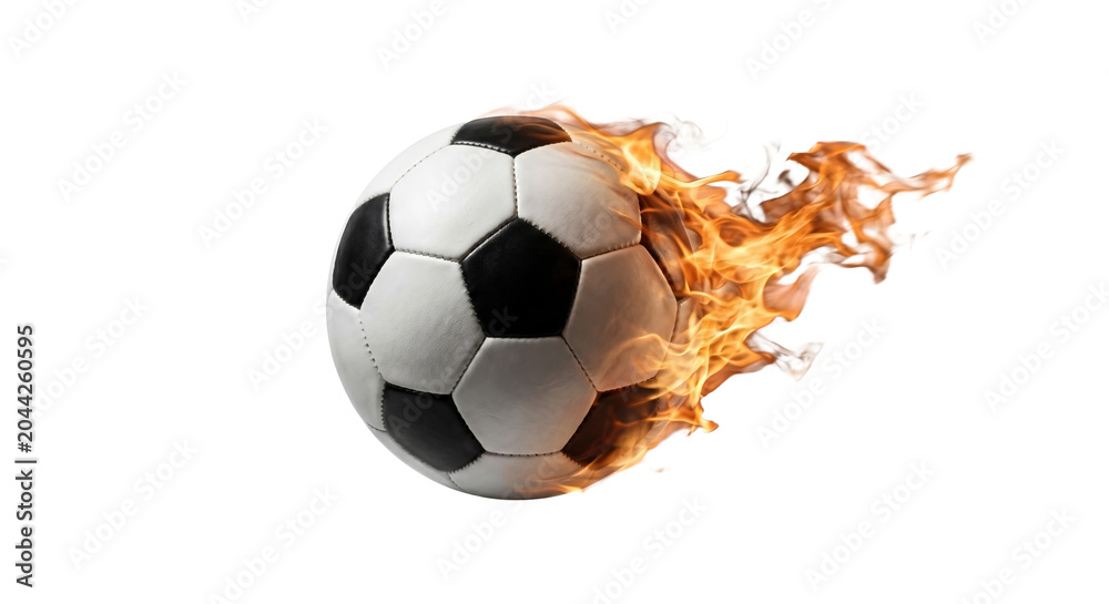 Fototapeta premium Flying soccer football ball with burning fire flames isolated