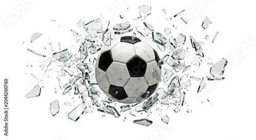Tableau sur toile Soccer ball breaking through shattered glass isolated