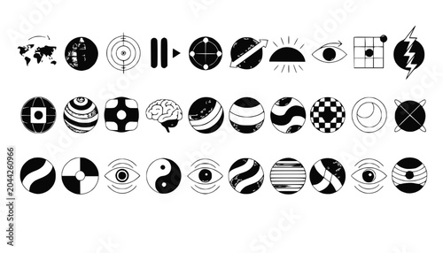 Abstract Icons Collection: Vision, Brain, World Map, Target, Yin Yang, Sun