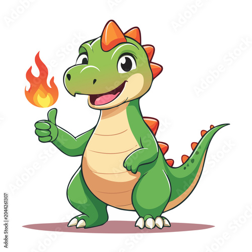 Cartoon dinosaur giving a thumbs up with a flame