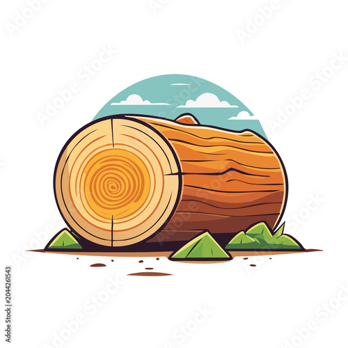 Illustration of a cut tree trunk with rings and grass