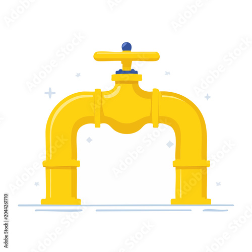 Yellow gas valve with blue handle on white background