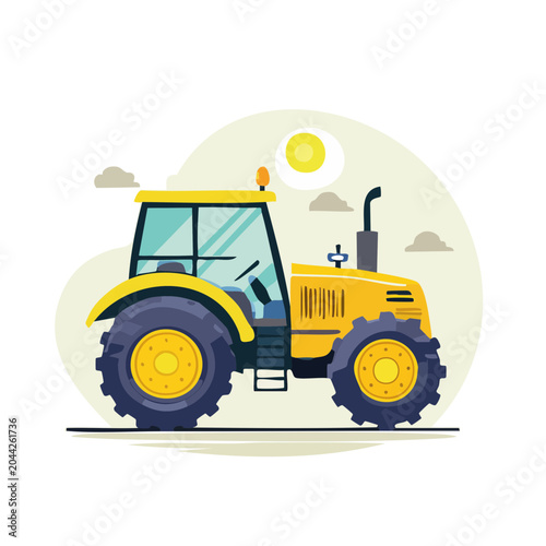 Yellow tractor illustration in flat design style