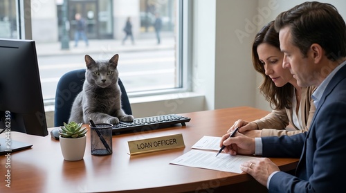 A cat sits at a desk and acts as a loan officer sign in front of it as two people review documents.