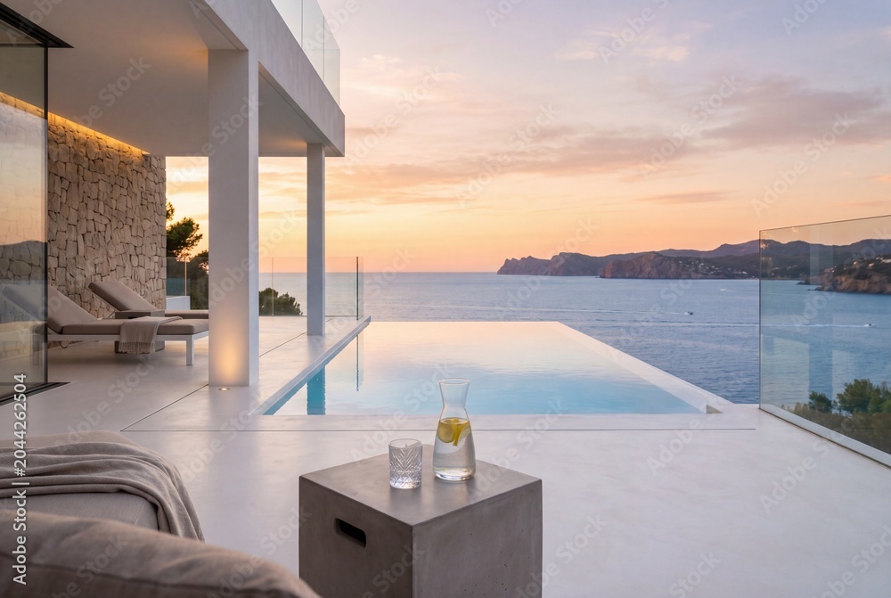 Fototapeta premium Luxury Villa with Infinity Pool at Sunset