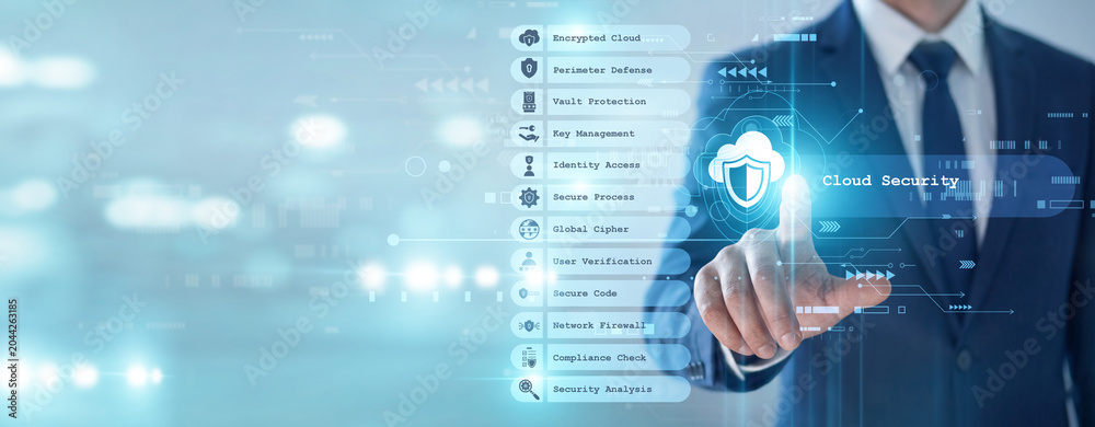 Fototapeta premium Officer's point of Cloud Security protection concept, advanced encryption methods safeguard virtual data from unauthorized cyber threats. Secure online environments ensure business continuity.