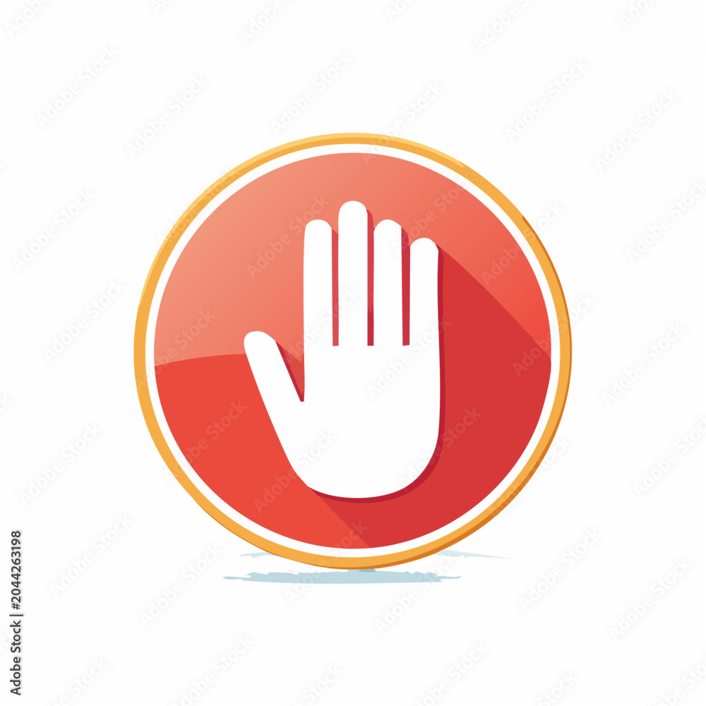 Fototapeta premium White hand icon inside a red circle with a shadow symbolizing stop or warning