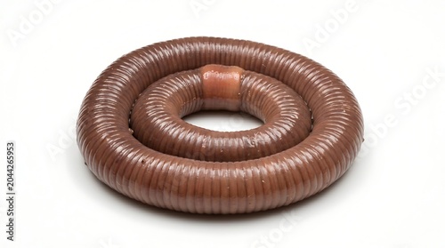 A single earthworm curled into a circular shape on a white background.