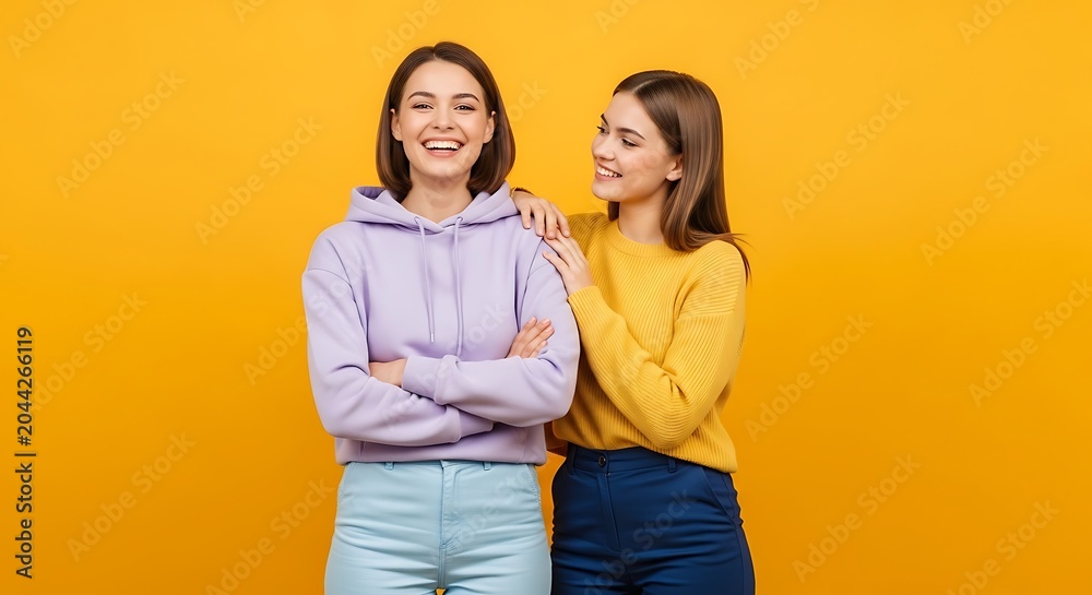 Fototapeta premium Two happy young women smiling together against a bright yellow background