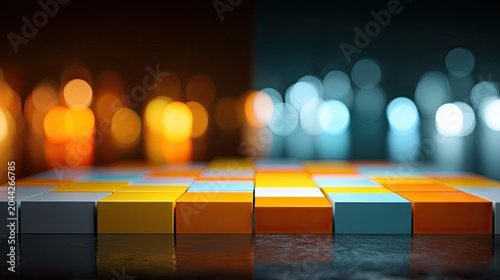Abstract cubes in warm/cool light, blurred bokeh background
