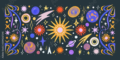 Photos Cosmic Scene With Stars And Planets Illustrated Vector Pattern