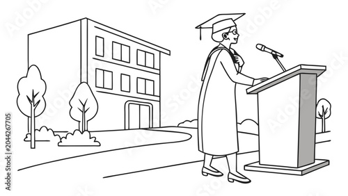 Graduate in cap and gown giving speech.