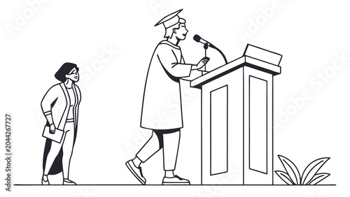 Graduate speaking at a podium with a woman.