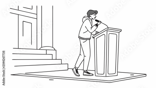 man standing at a podium outside building.